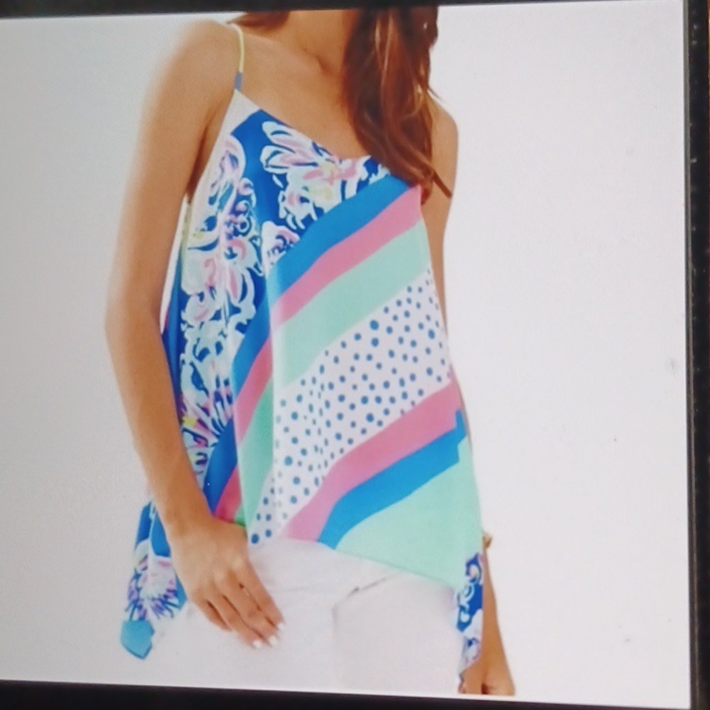 Lilly Pulitzer Alora Silk Top Blue and Pink Sleeveless Small Waterfall Hem